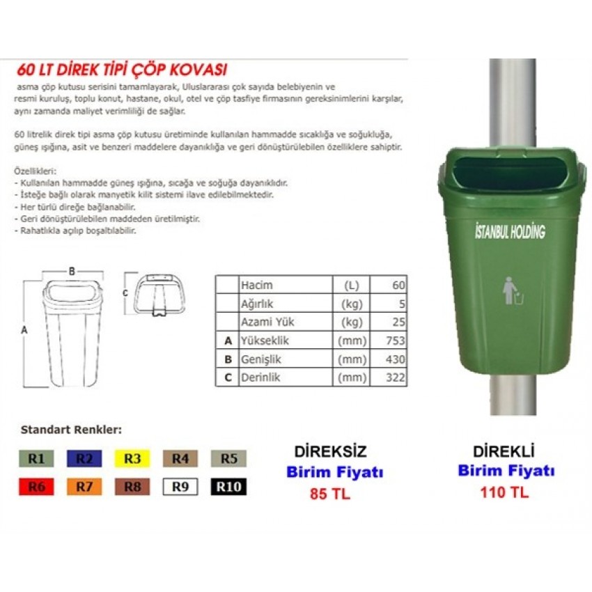 60 L DİREK TİPİ ÇÖP KOVASI